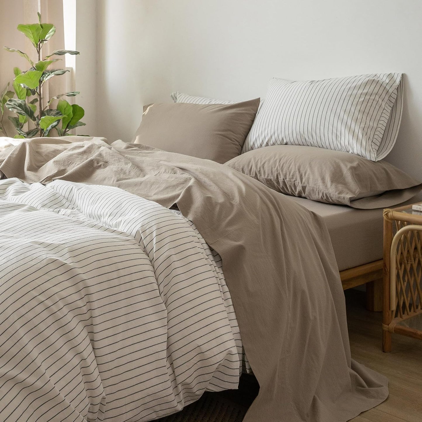 MooMee Bedding Sheet Set 100% Washed Cotton Linen Like Textured Breathable Durable Soft Comfy (Solid Mocha Brown, Split King)