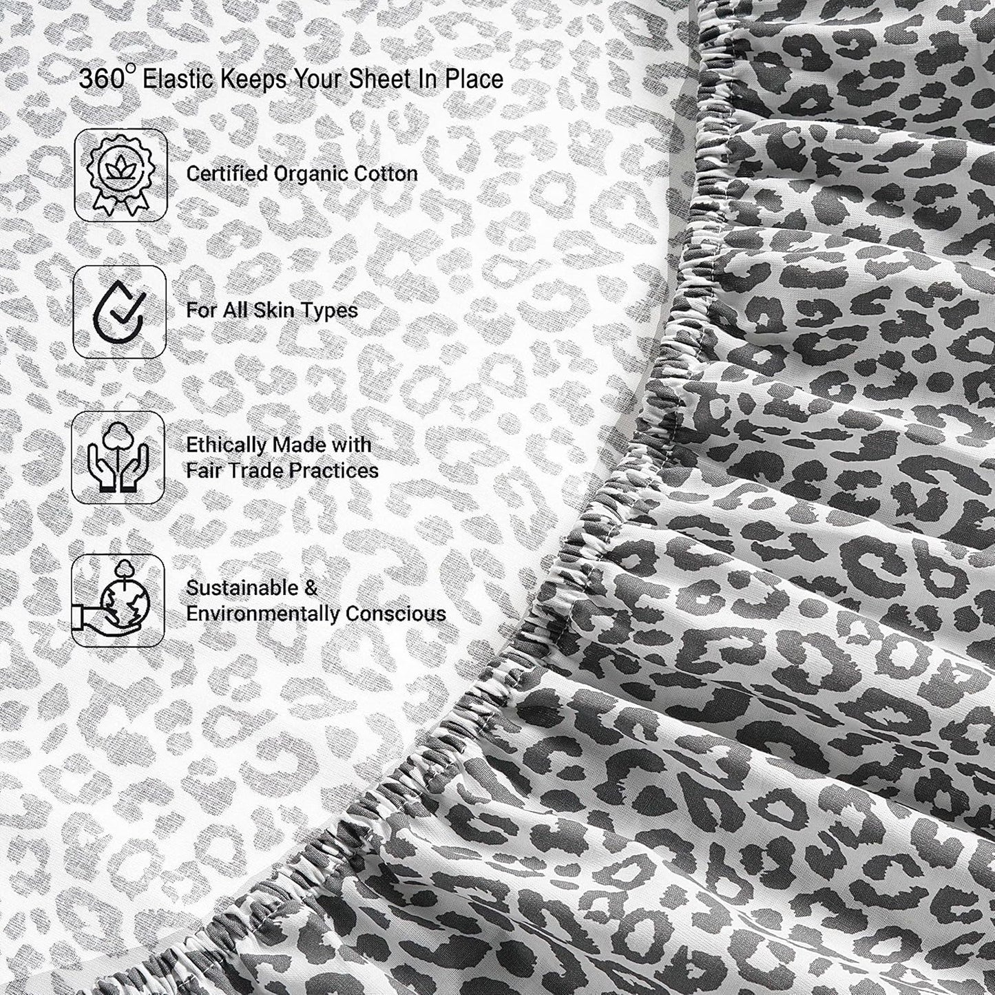 LANE LINEN 100% Organic Cotton Sheets Queen, 4-Piece Bed Sheets Queen Size Cotton, Luxury Sheets, Percale Weave,Breathable Bed Sheets Queen Size Deep Pockets Fits Upto 15" - Chetah Charcoal