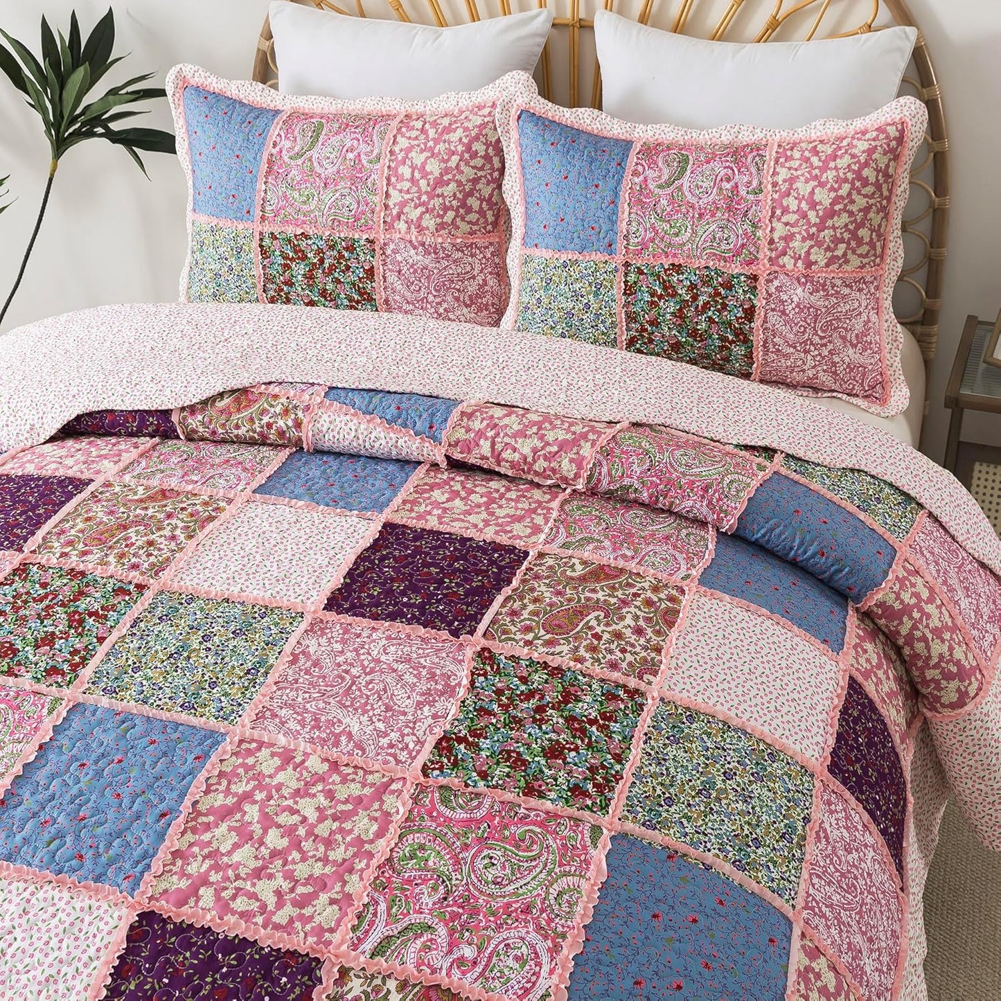 HoneiLife Queen Quilt Bedding Sets - Patchwork Quilt Bedding Sets 3-Piece 90x96, Reversible Bedspreads Floral Coverlet Nostalgic Bedding Set All Season Quilts