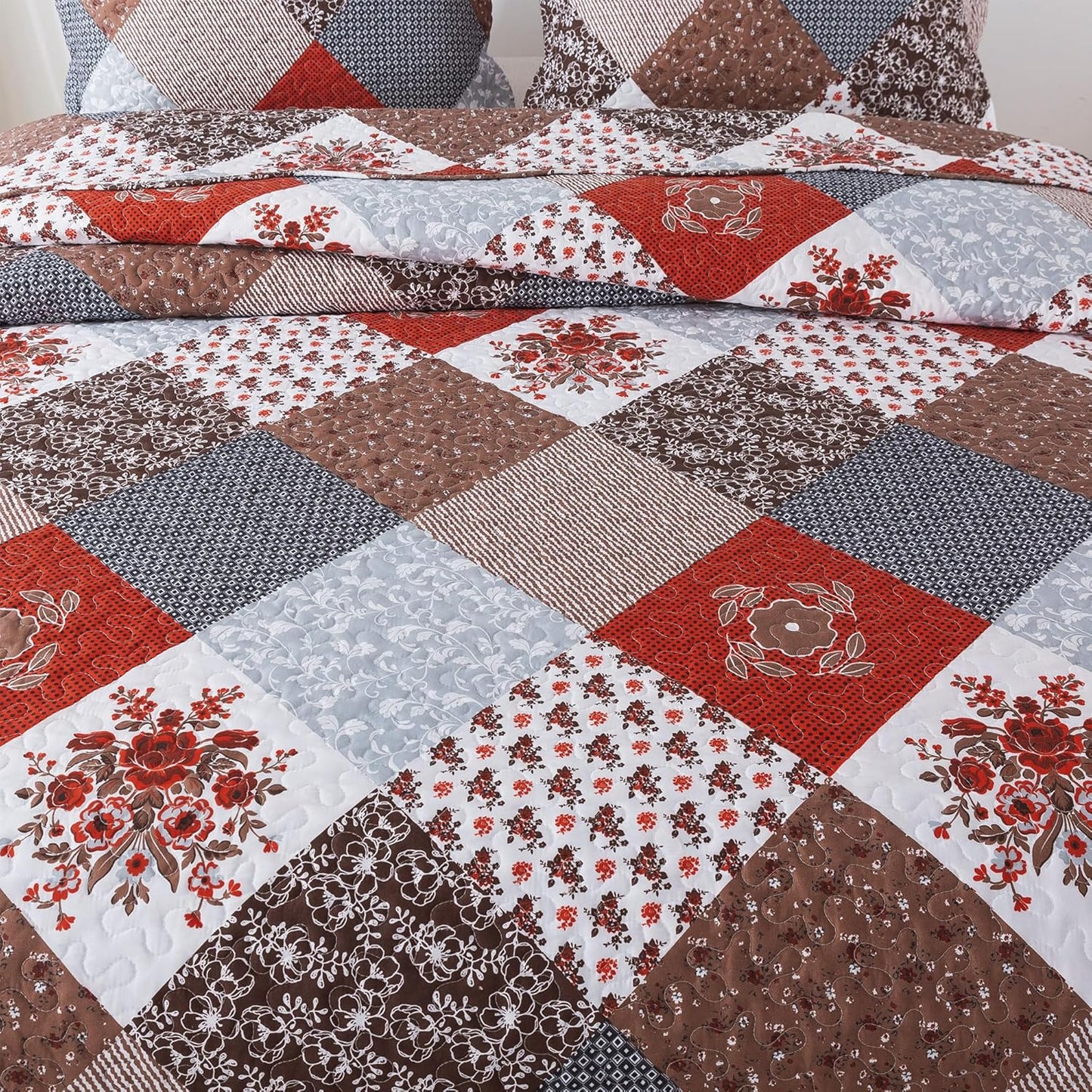 HoneiLife Quilt Set King Size - 3 Piece Microfiber Bedspread Reversible Coverlet Patchwork Bedding Set Lightweight Bedcover Floral Bedspreads All Season Quilts-Amaranth Red