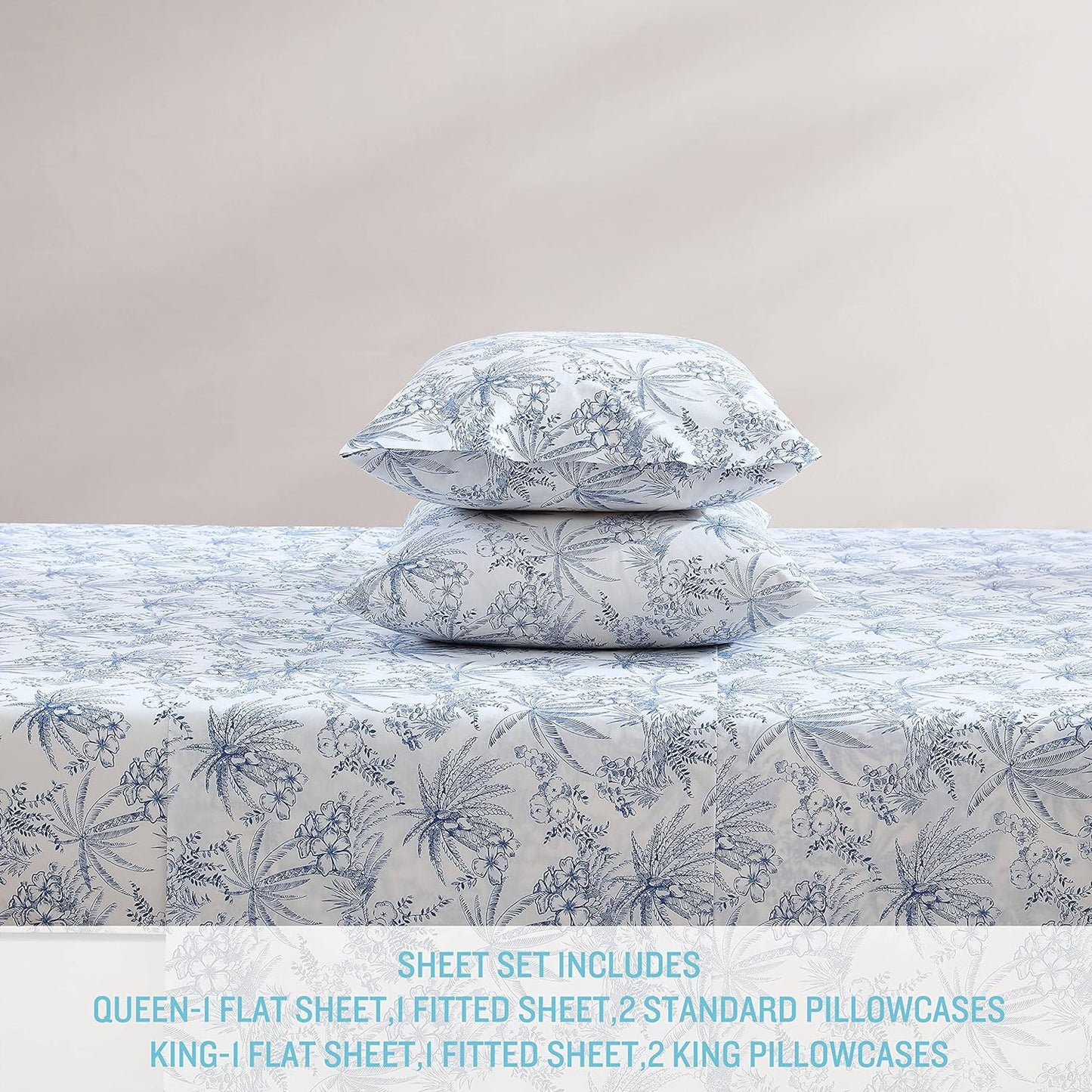 Tommy Bahama - Queen Size Sheets Set, Crisp & Tailored Cooling Sheets with a Smooth Cotton Percale Lightweight Feel - Bed Sheets with Matching Pillowcases & Fitted Sheet (Pen and Ink Palm Blue)