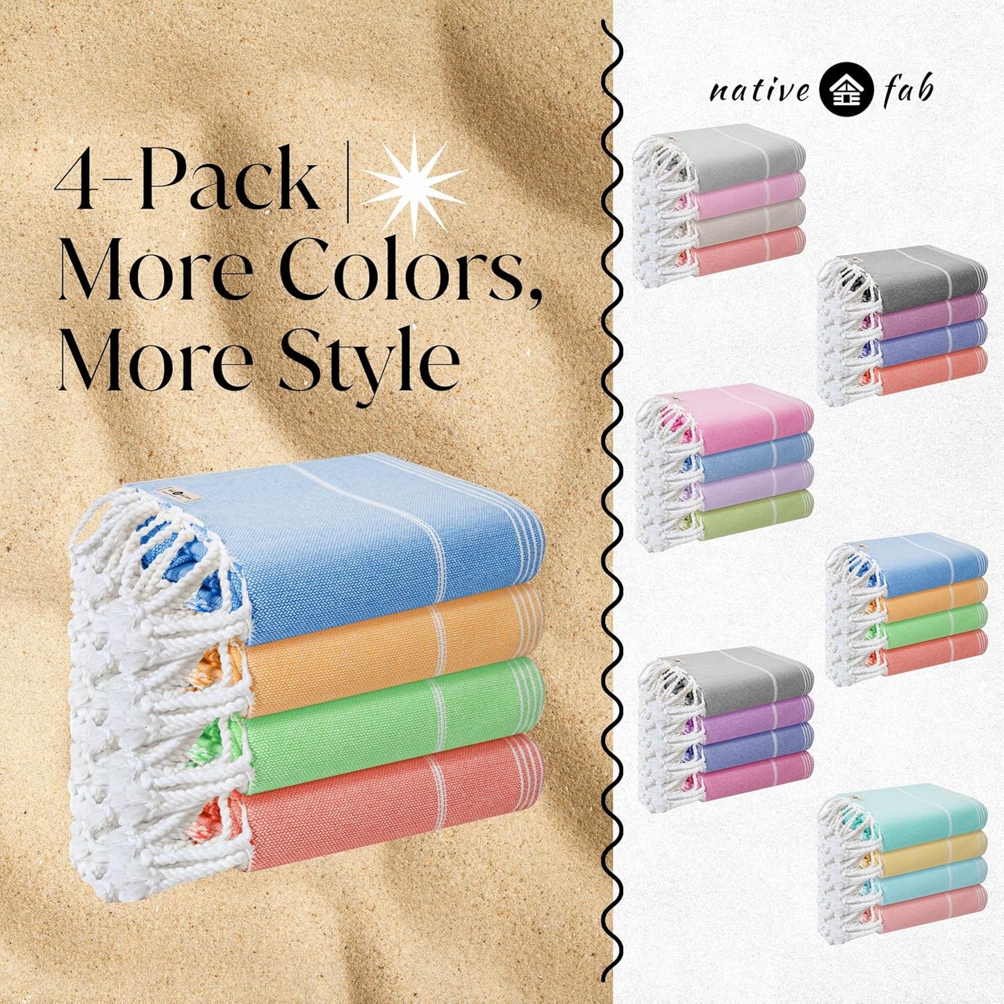 Native Fab Turkish Beach Towels 4 Pack, Oversized 40"x71", Quick Dry, Sand Free, Lightweight, Absorbent, Multipurpose Travel & Pool Towels - Orange, Mustard Yellow, Aqua Green, Turquoise Blue
