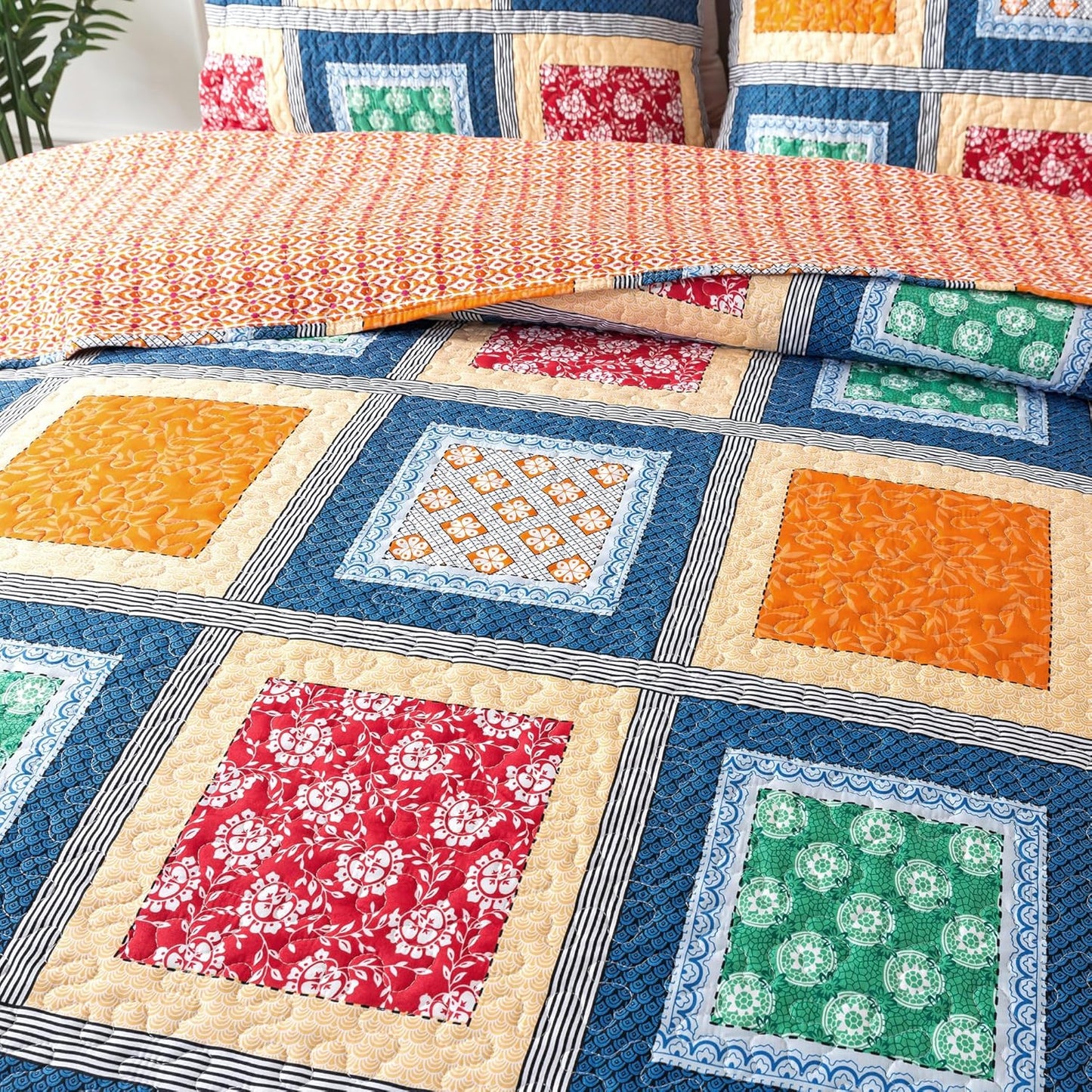 HoneiLife King Quilt Bedding Set - Rustic Quilt Sets 3-Piece,Patchwork Bedspreads for King Bed,Lightweight Coverlets Microfiber Bed Cover, Quilt King Size All Season Quilts-Orange