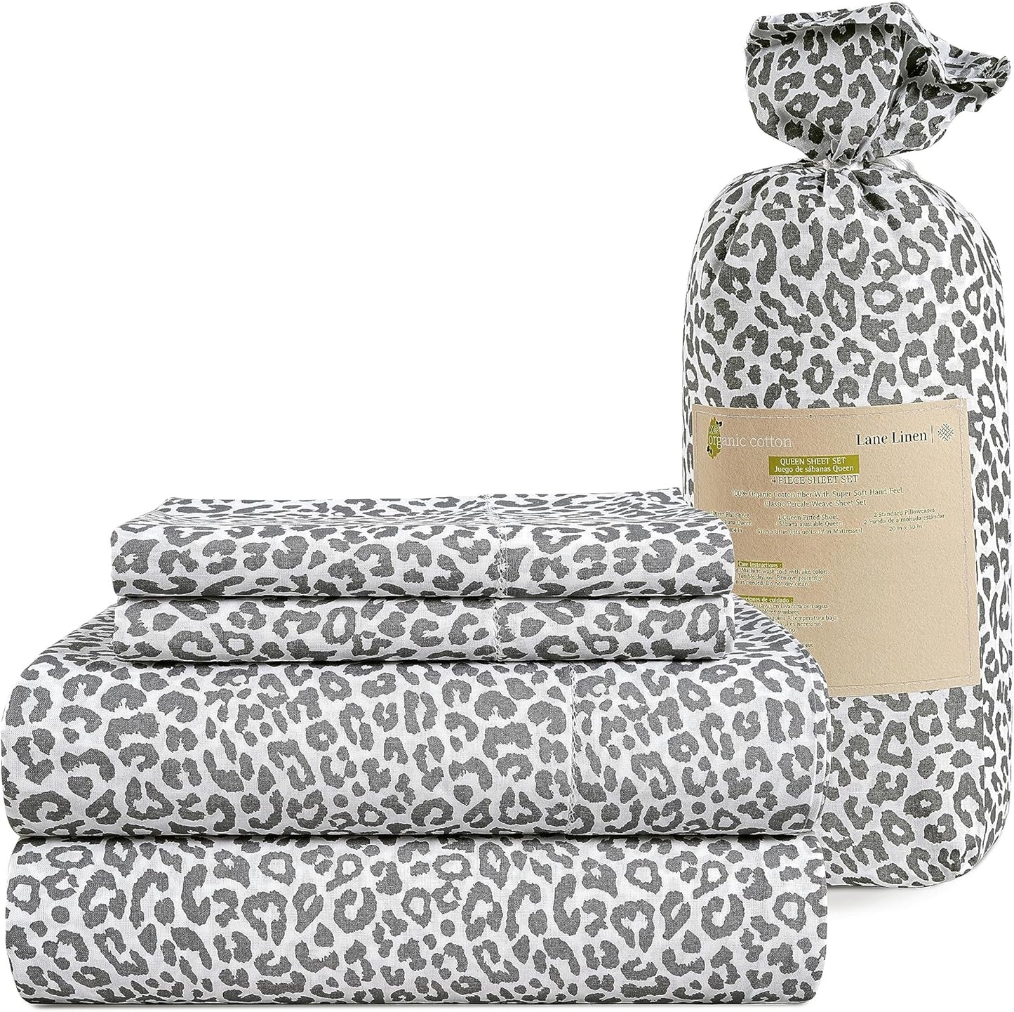 LANE LINEN 100% Organic Cotton Sheets Queen, 4-Piece Bed Sheets Queen Size Cotton, Luxury Sheets, Percale Weave,Breathable Bed Sheets Queen Size Deep Pockets Fits Upto 15" - Chetah Charcoal