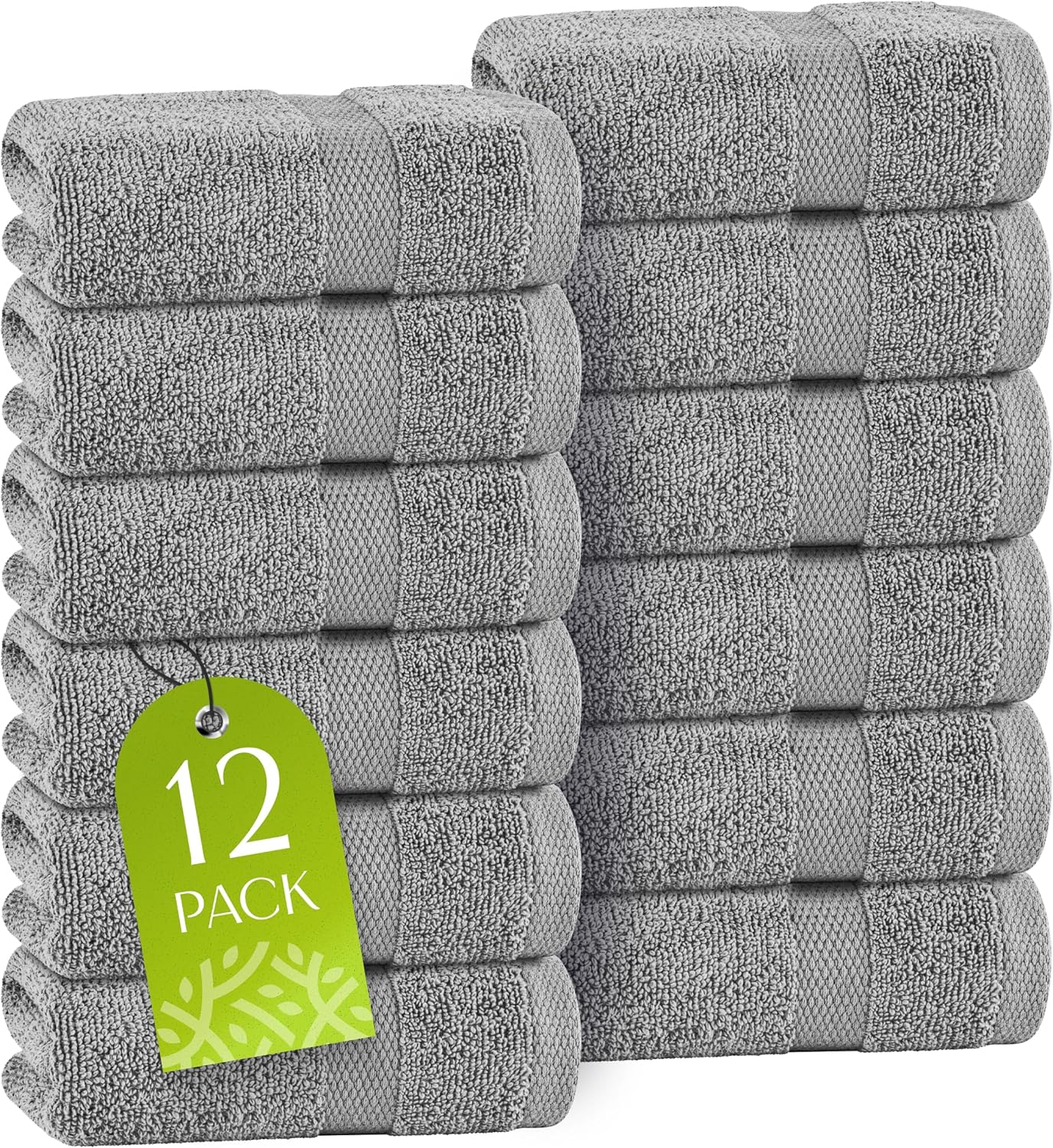 White Classic Light Gray Washcloths Set for Body and Face Towel, Cotton Wash Cloths Bulk 12 Pack, Spa Fingertip Wash Clothes 12x12 Inch, Soft Absorbent Gym Towels