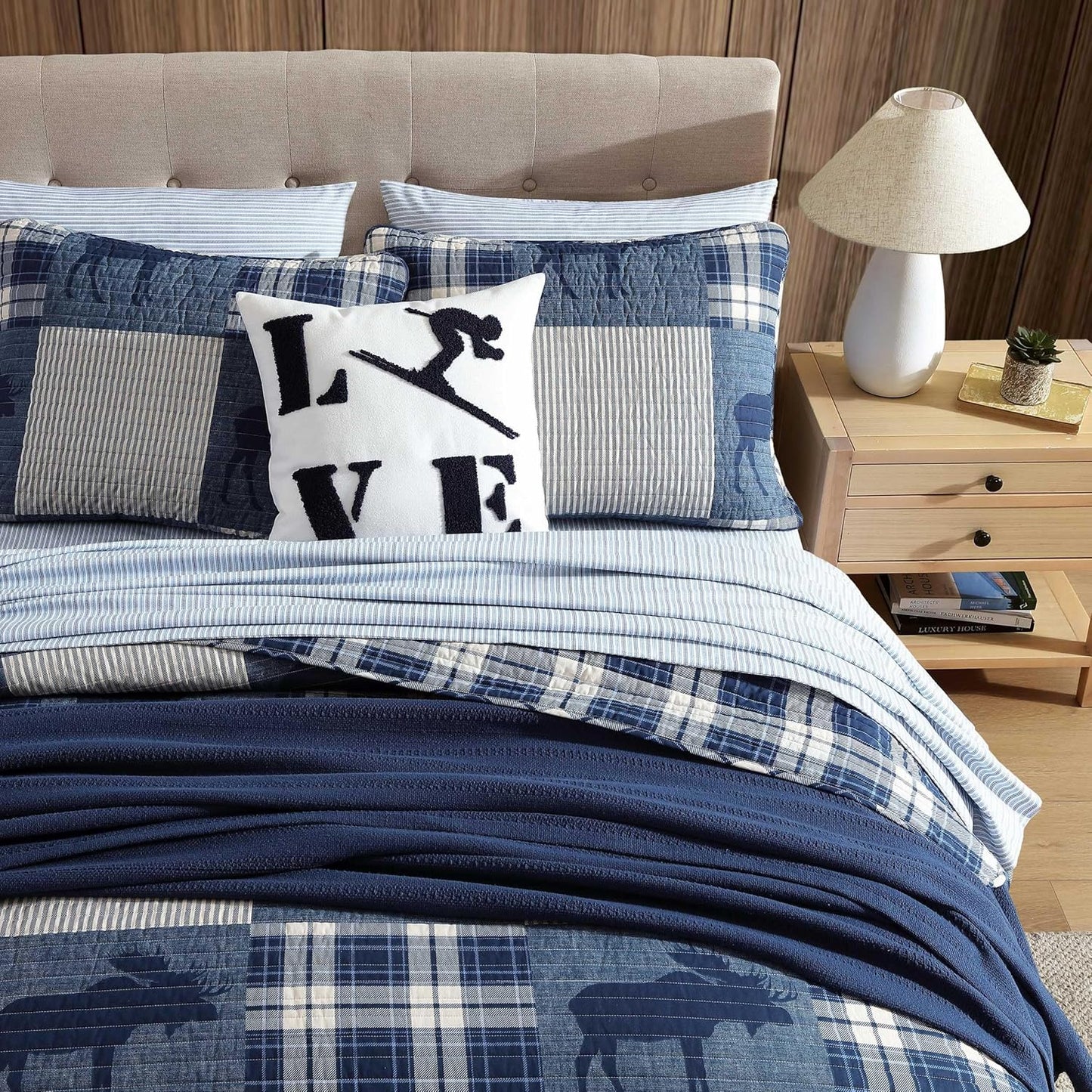 Eddie Bauer - Twin Quilt Set, Naturally Soft Cotton Bedding w/a Lightweight Feel for All-Year Comfort, Reversible w/Matching Pillowcase, 2 Piece Bed Set (Moose Plaid/Pinstripe/Patchwork Blue)