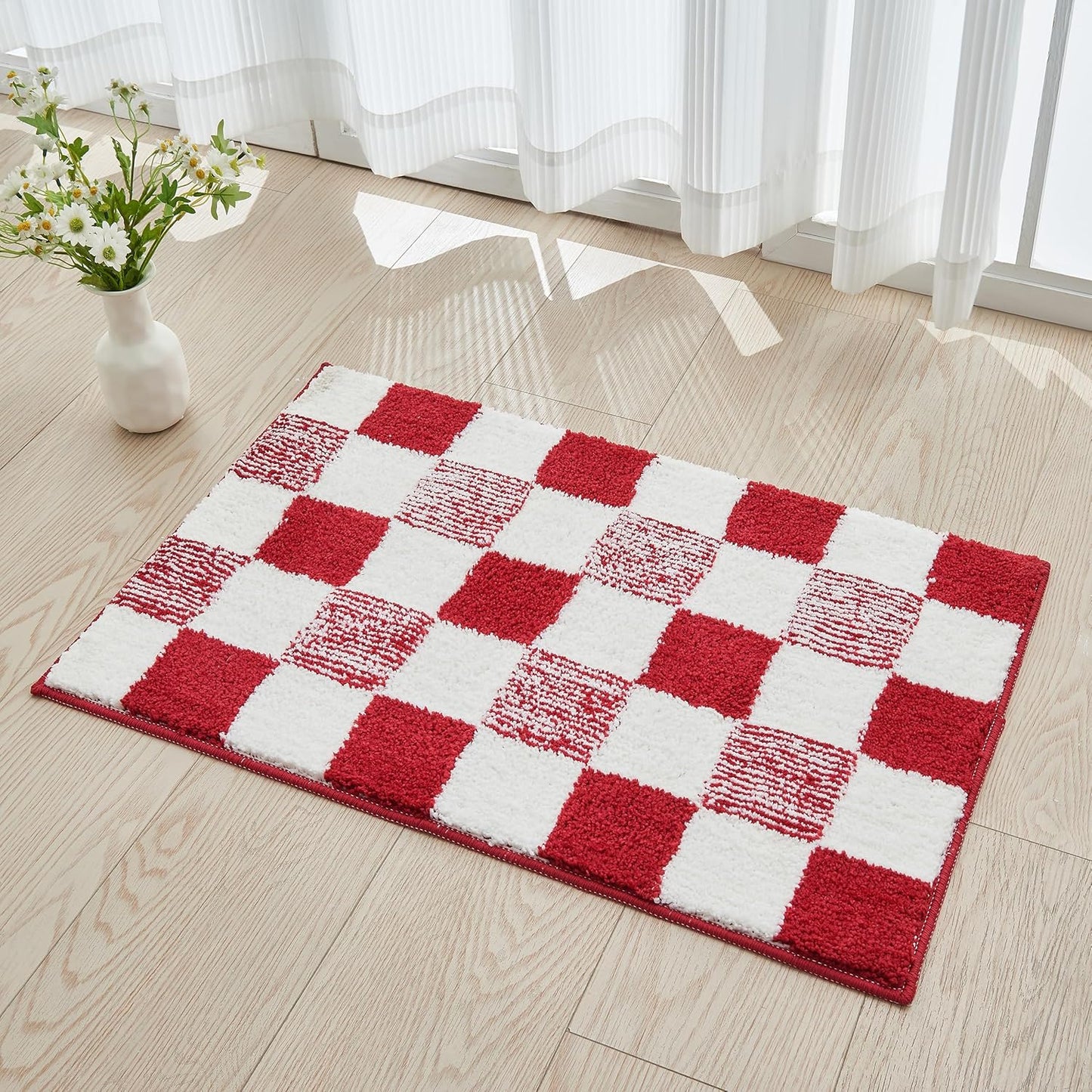 CozeCube Bath mats for Bathroom Non Slip, Fluffy Absorbent Microfiber Bath mat Washable, Aesthetic Bathroom Rugs, Small Christmas Red Checkered Bath mat, Christmas Red, 24" x 16"