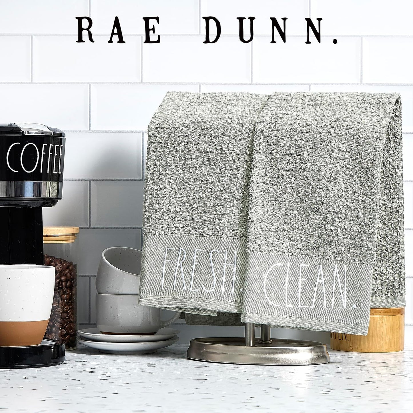 Rae Dunn Hand Towels, Embroidered Decorative Hand Towel for Kitchen and Bathroom, 100% Cotton, Sage- Fresh/Clean, 16"x 26"