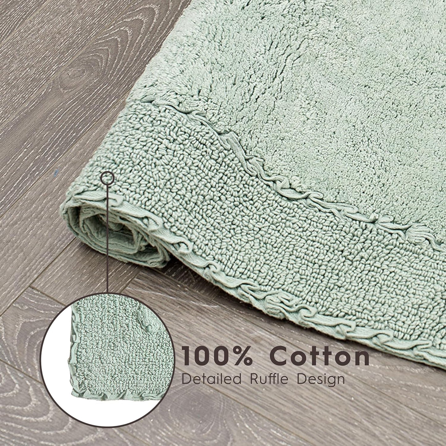 Laura Ashley Ruffle Border 100% Cotton Bath Rug Set, Sage Green, 17" x 24"/ 20" x 32"