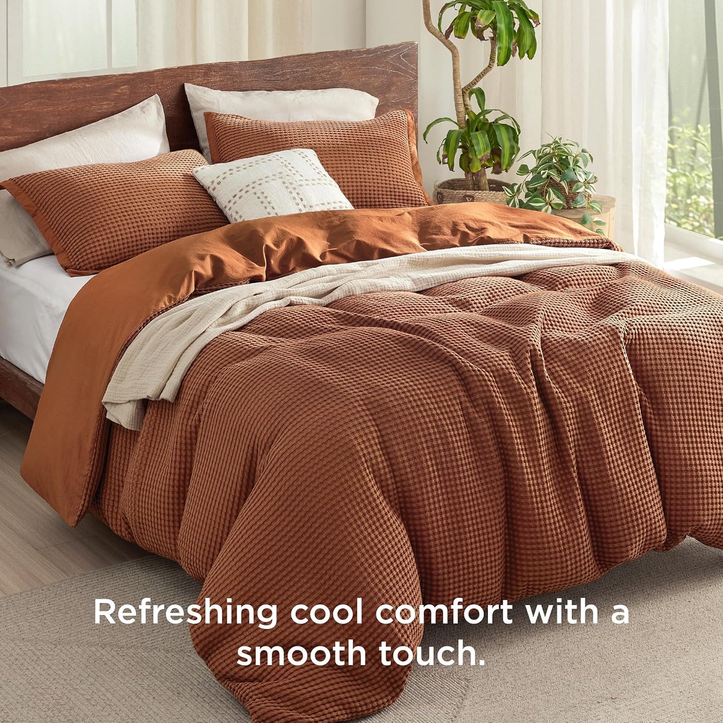 Bedsure Cooling Waffle Duvet Cover Queen - Cotton Blend Rayon Derived from Bamboo Duvet Cover Set for Hot Sleepers, Breathable Bedding Set With a Vintage Charm, 3 Pieces (Burnt Orange, Queen, 90"x90")