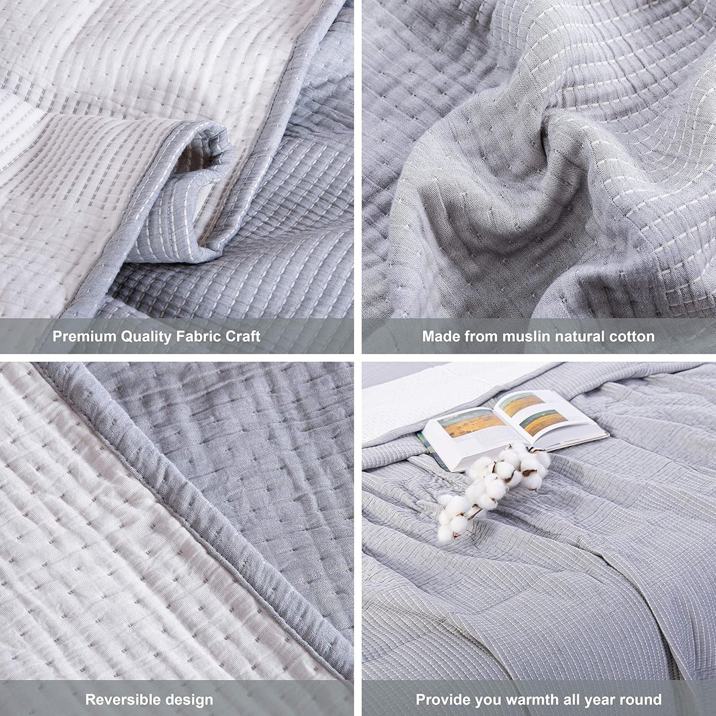 NTBAY 3 Layers Cotton Muslin 106x92 King Bed Blanket, Super Soft Breathable Thermal Yarn Dyed Quilt for Adults, Perfect Lightweight Blanket for Couch Sofa Bed All Seasons, Grey Dot