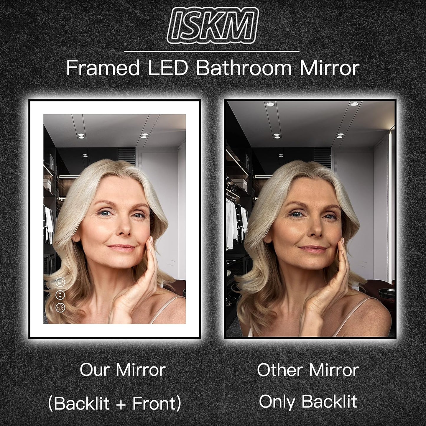 ISKM Framed LED Mirror for Bathroom 72"x32", Dimmable LED Bathroom Mirror with Lights, Anti-Fog, Front and Backlit Lighted Mirror 3-Colors, Shatterproof, Memory Function