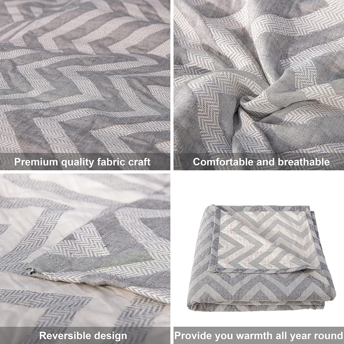 NTBAY 3 Layers Cotton Muslin 68x92 Twin Bed Blanket, Super Soft Breathable Thermal Yarn Dyed Quilt for Adults, Perfect Lightweight Blanket for Couch Sofa Bed All Seasons, Chevron