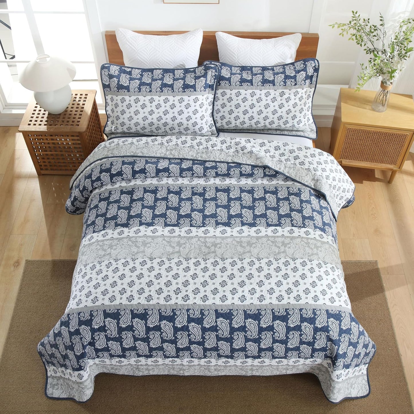 Quilt King Size, Cotton Comforter King Size,Navy Grey White Bedding Set, Farmhouse Striped Bedspread, Luxury Bed Set Bedroom for All Seasons 3 Piece