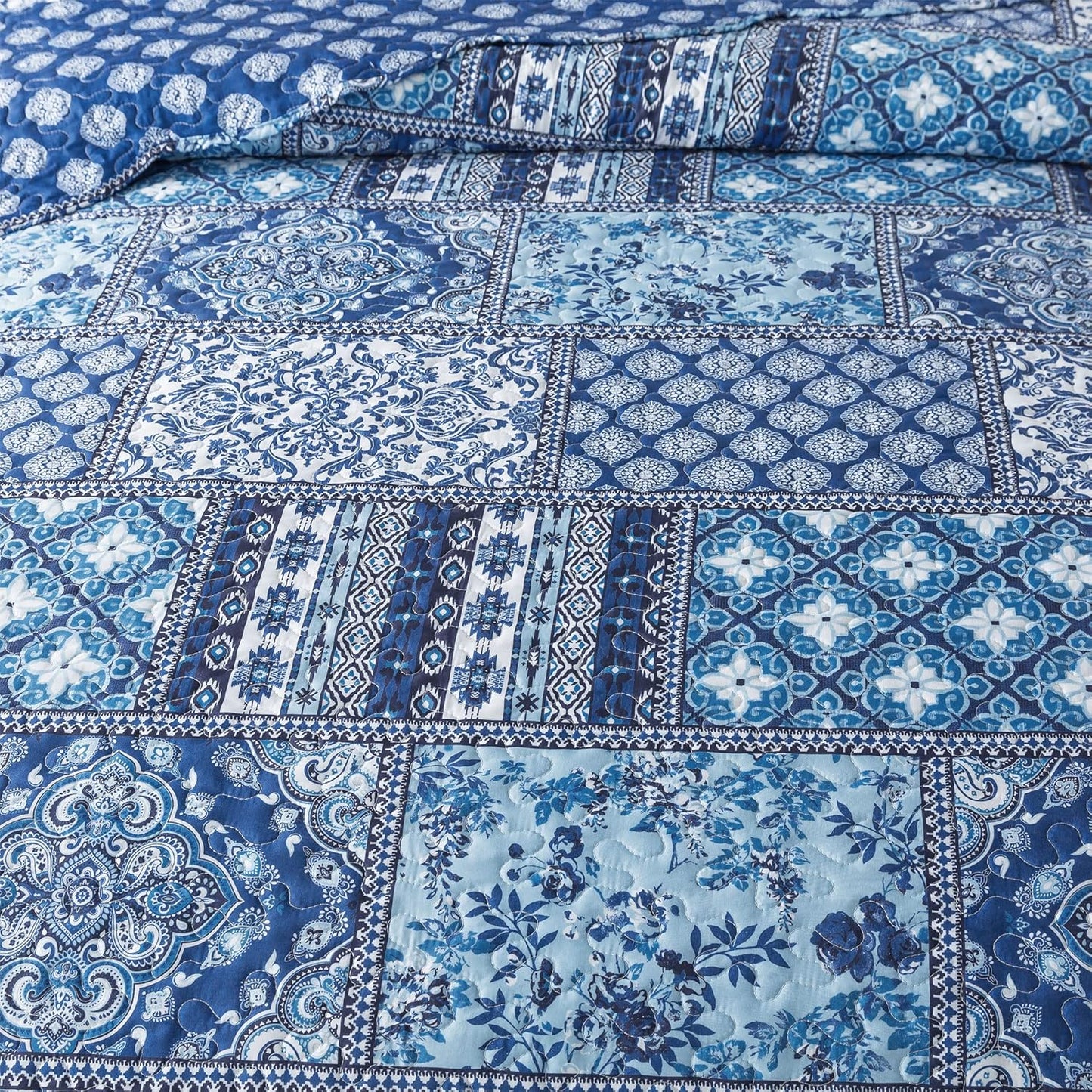 HoneiLife King Quilt Bedding Set - 3 Pieces Rustic Quilt Sets Microfiber Bedspreads Floral Coverlets Retro Bed Cover All Season Quilts-Blue