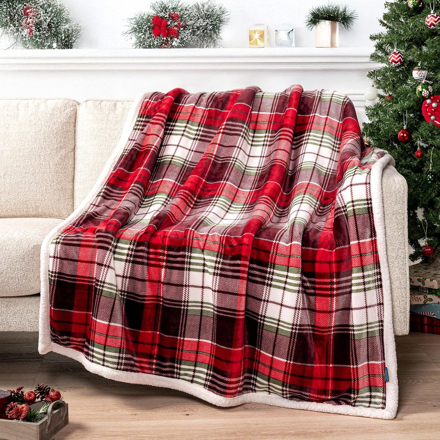 PAVILIA Christmas Plaid Blanket | Sherpa Fleece Flannel Throw Blanket | Christmas Plaid Warm Plush Microfiber Blanket for Couch Sofa | 60x80 Inches