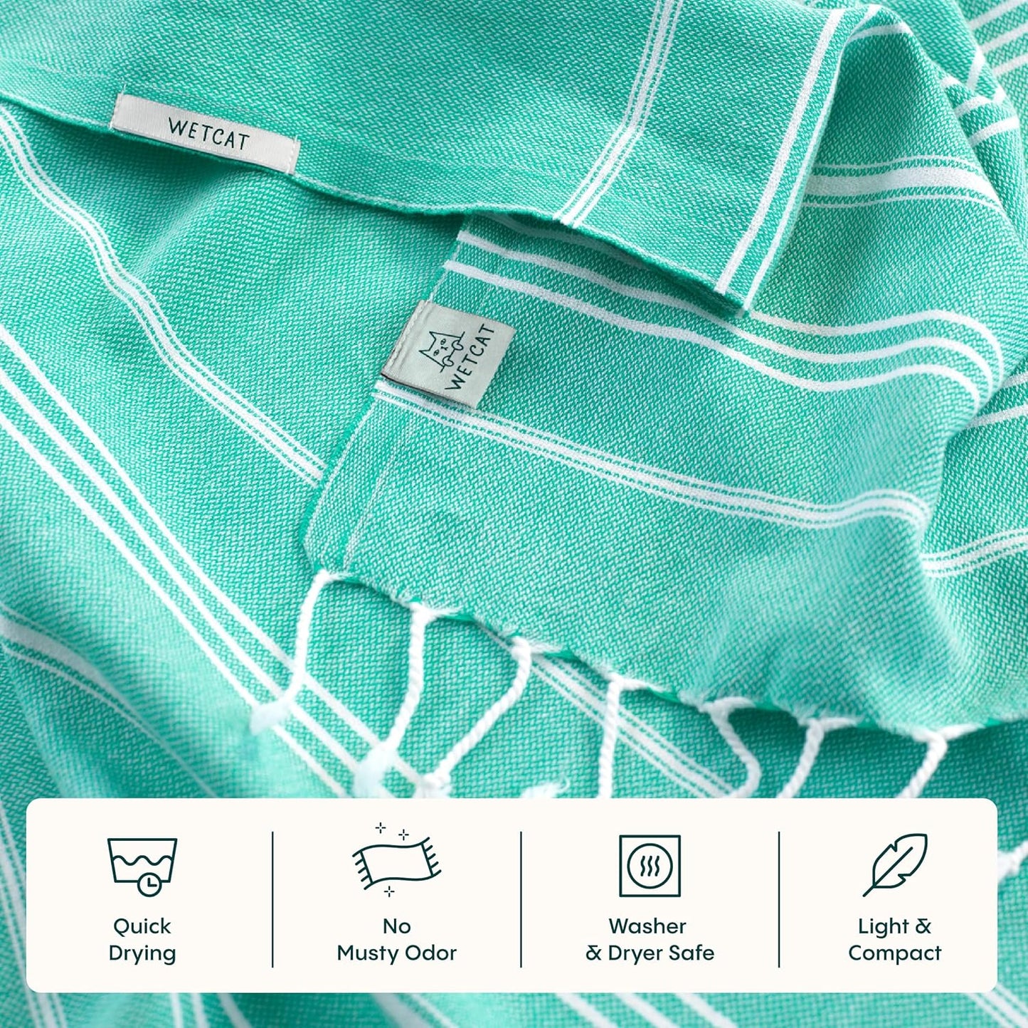 WETCAT Turkish Hand Towels with Hanging Loop, Set of 2 (20" x 30") 100% Turkish Cotton, Pre-Washed, Quick Drying, for Kitchen or Bathroom - Mint Green