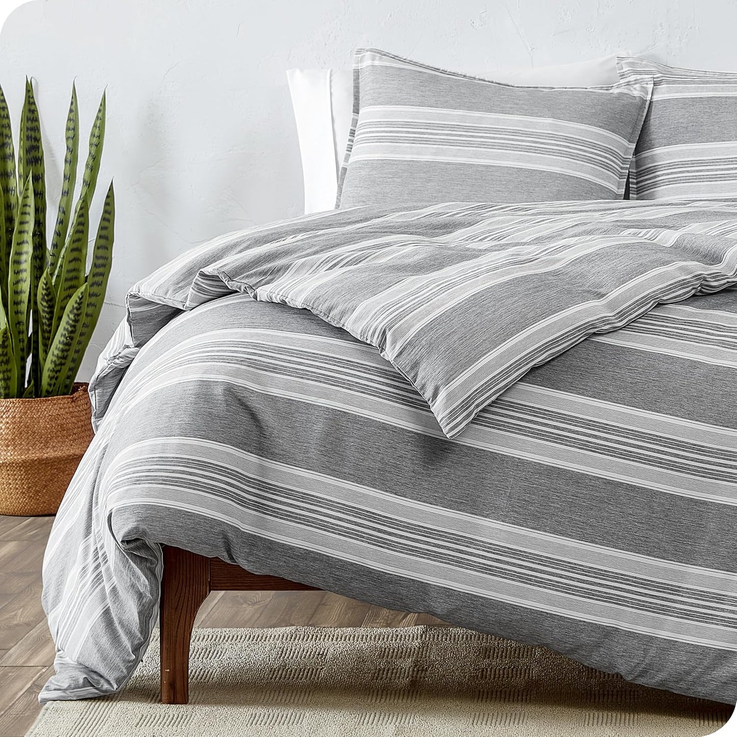 Bare Home Bedding Duvet Cover Queen Size - Premium 1800 Super Soft Collection - Lightweight, Duvet Cover - Soft Textured Bedding (Queen, Stripe - Heathered Charcoal)
