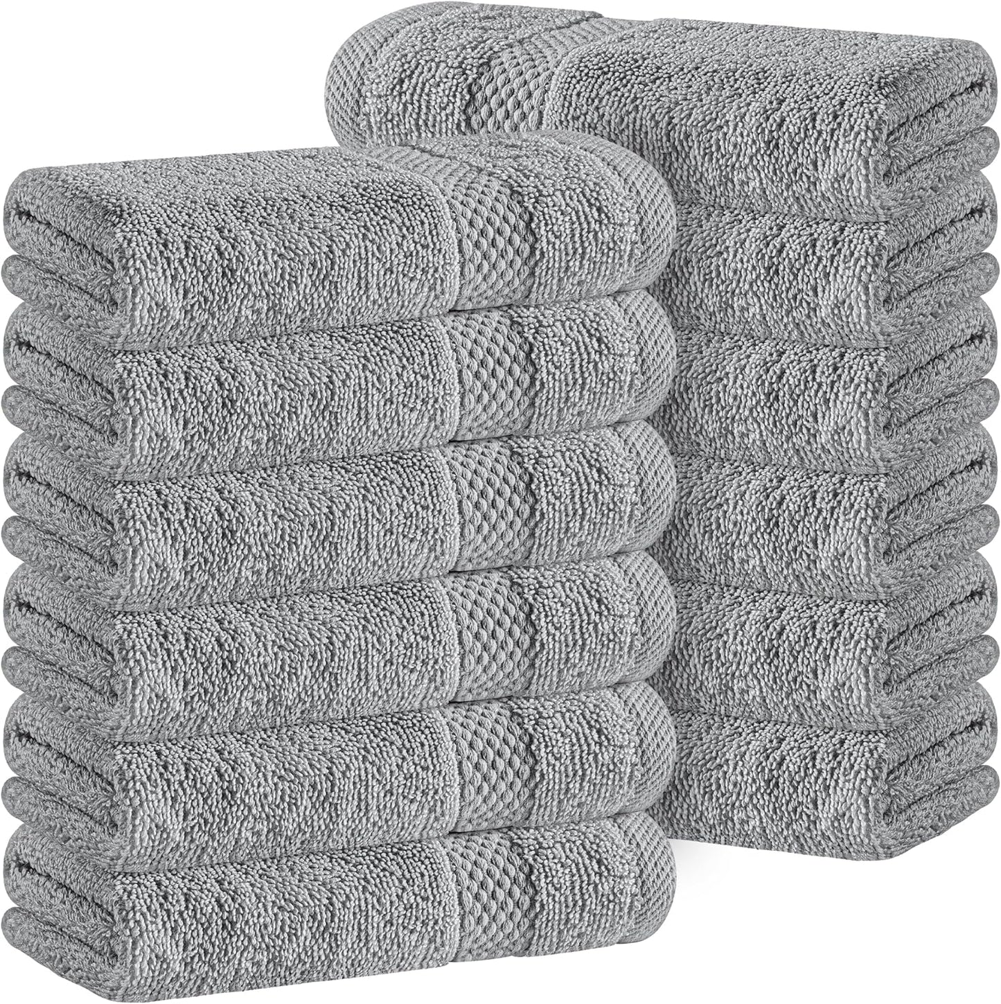 White Classic Light Grey Luxury Cotton Washcloths 12 Pc Set - Large 13x13 Inches Hotel Style Face Towel, High Absorbent Quick Dry Wash Cloths for Home, Spa, Gym, Light Grey, 12 Pack